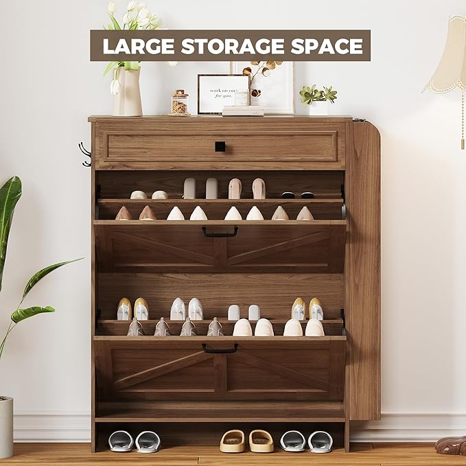 IRONCK Shoe Storage Cabinet with 2 Flip Drawers & Barn Door Design, Freestanding Shoe Cabinet Organizer with Drawer and Shelves for Entryway, Farmhouse Shoe Rack Cabinet,Dark Walnut