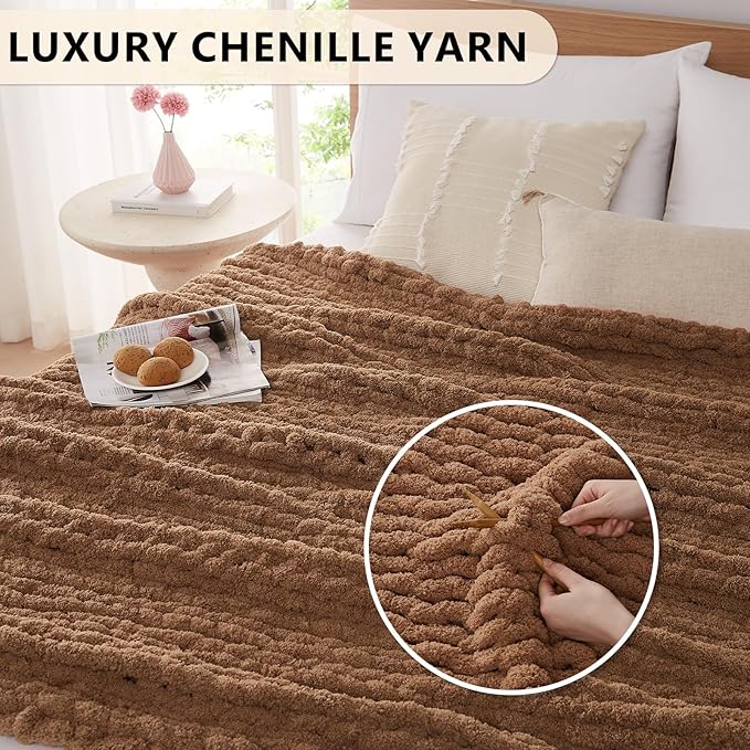 L'AGRATY Chunky Knit Blanket Throw: 80''x90'' Chenille Chunky Knitted Throw Blanket for Bed Couch - Handmade Thick Big Cable Knit Blanket - Large Chunky Crochet Rope Blanket for Home Decor(Brown)