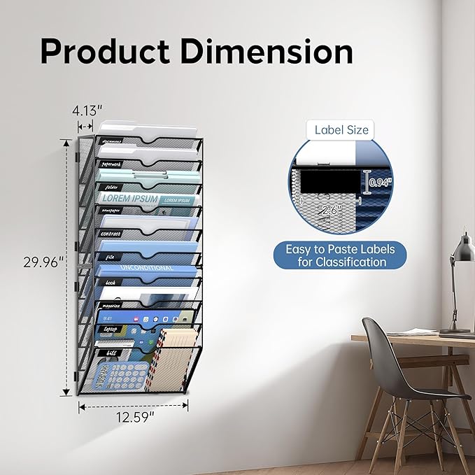 10 Tier Wall File Organizer Office Hanging Mail Holder Wall Mounted, Mesh Paper Document Organizer for Office Home School, Black