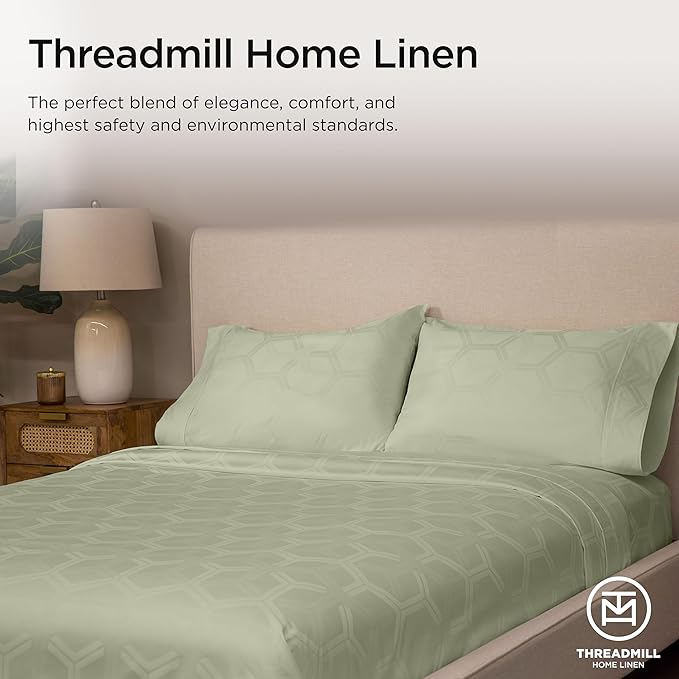 Threadmill 100% Cotton Sheets for Queen Size Bed - 600 Thread Count Queen Bed Sheets Set with 16” Deep Pocket - Jacquard Sateen Weave 4-Piece Bedding Set with Cooling Effect, Sage Green