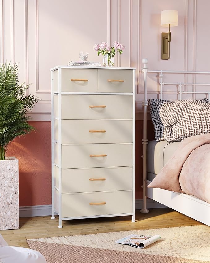 Crestlive Products Vertical Dresser Storage Tower - Sturdy Steel Frame, Wood Top, Easy Pull Fabric Bins, Wood Handles - Organizer Unit for Bedroom, Hallway, Entryway, Closets - 7 Drawers (Beige)