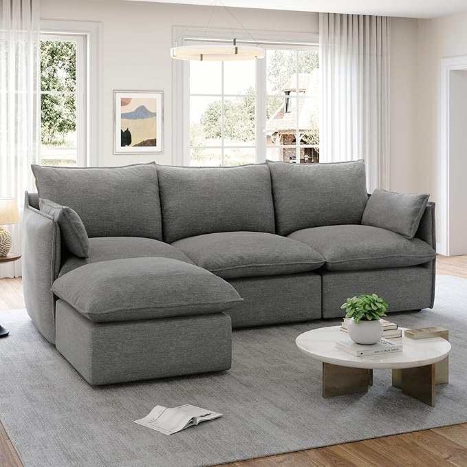 Waterproof Cloud Sectional Couches,High Backrest Down Filled Sofa for Living Room,94.5" Modular Sofas L-Shaped with Ottoman,Detachable Couch Covers,Dark Grey