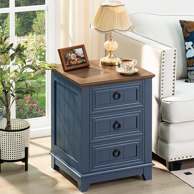 18" Farmhouse Night Stand with 3 Drawers, Wood End Table Dresser for Bedroom, Navy Blue Nightstand, Bed Side Table with Metal Handle, Bedside Cabinet for Bedroom Living Room, Closet