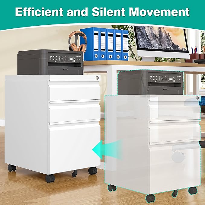3 Drawer File Cabinet with Wheels,Under Desk File Cabinet with Lock,White Rolling Filing Cabinet,Three Drawer Metal Filing Cabinets for Home Office,Fit A4/Letter/Legal,Fully Assembled Except Casters