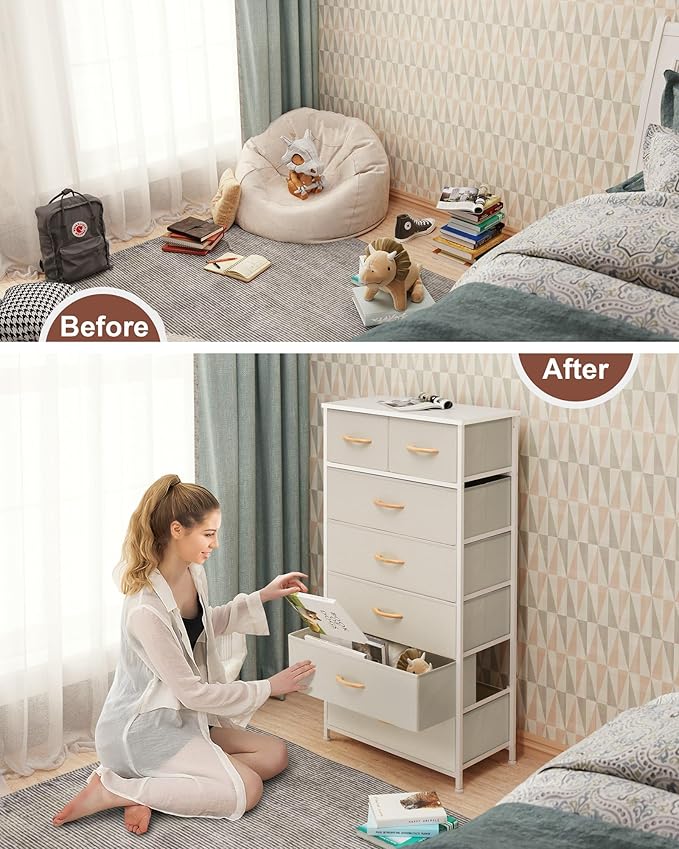 Crestlive Products Vertical Dresser Storage Tower - Sturdy Steel Frame, Wood Top, Easy Pull Fabric Bins, Wood Handles - Organizer Unit for Bedroom, Hallway, Entryway, Closets - 7 Drawers (Beige)
