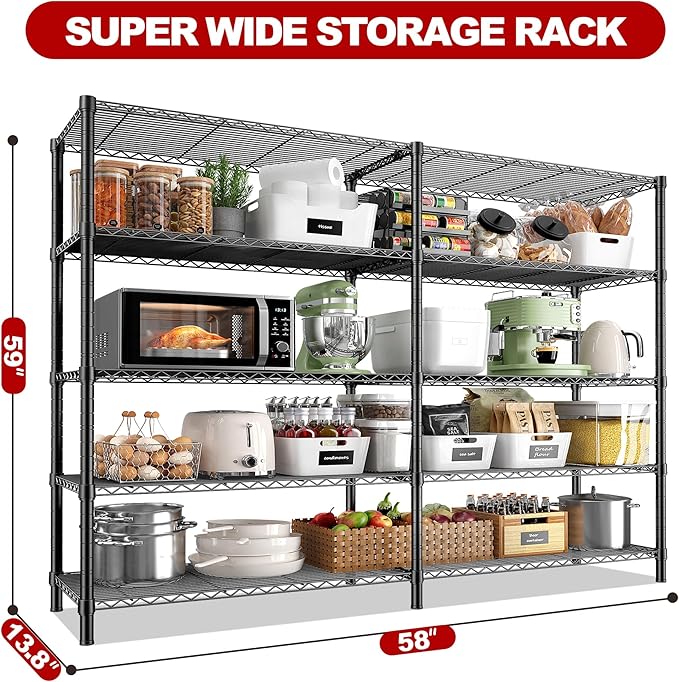 REIBII 5 Tier Wire Shelving Storage Shelves Loads 1430LBS, 58" W Metal Shelving Unit for Storage Adjustable Heavy Duty Garage Shelving Pantry Shelves Kitchen Shelving, Black, 2 Pack