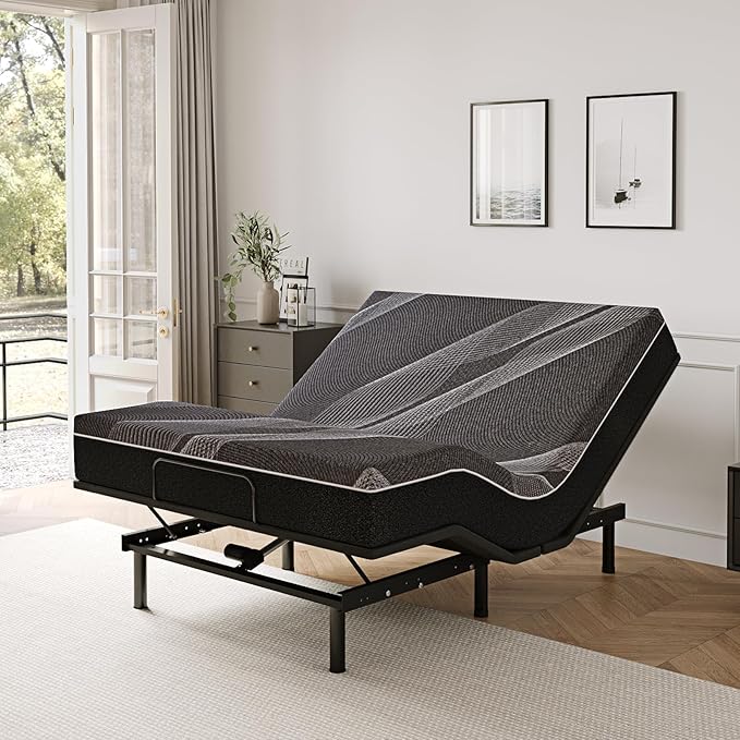 Full Adjustable Bed Base Frame with Wireless Remote + 12 Inch Full Gel Memory Foam Mattress Bed in a Box, Head and Foot Incline, Zero Gravity, Fiberglass Free, 75" × 54"