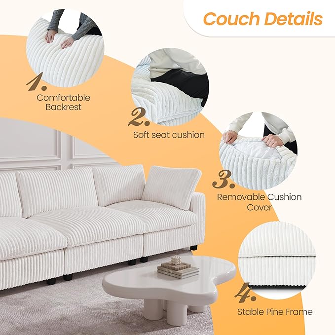 JACH 118" Sectional Couches, Convertable Modular Sofa for Living Room, Modern Deep Seat Couch, Sofa Covers Washable, Minimalist Plush Sofas for Living Room, Apartment, Beige
