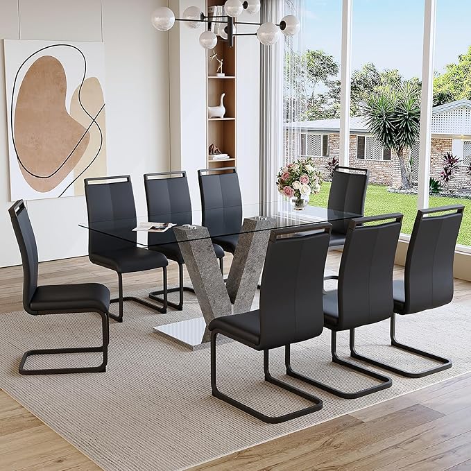 Glass Dining Table Set for 8,Modern Dining Room Table Set,Rectangular Transparent Glass Kitchen Table with 8 Black PU Leather Dining Chairs,Ideal for Kitchen Living Room