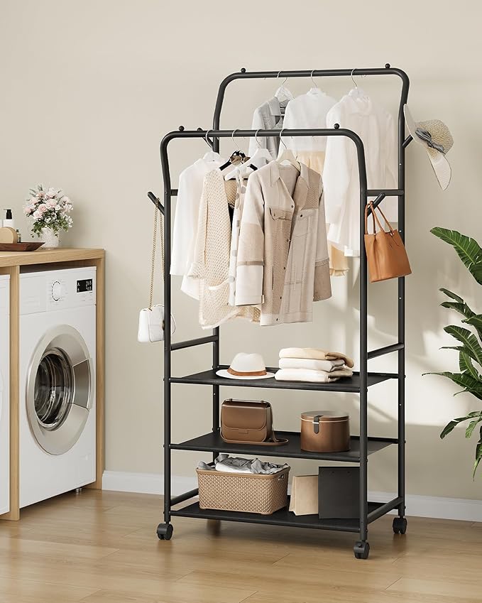 Clothes Rack, 3-Tier Rolling Garment Rack, Dual-Rod Clothing Rack with Hooks and Wheels, Y-Shaped, Freestanding Clothing Hanging Organizer, for Bedroom, Living Room, Laundry Room Black TYM07BB