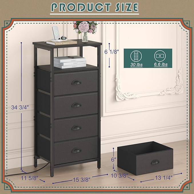 Nightstand with Charging Station,LED Black Nightstand with 4 Fabric Drawers PU Finish, Bedside End Tables, 2-Tier Open Storage Shelf Side Table Nightstand with Drawers for Bedroom,Black