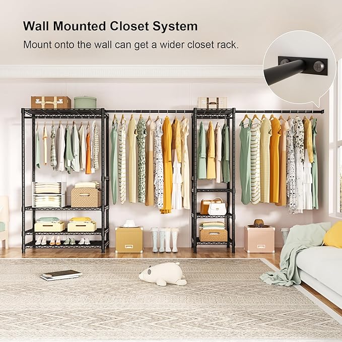 Ulif E11 Heavy-Duty Garment Rack, Metal Freestanding Clothes Rack and Closet Storage Organizer System with 8 Shelves and 4 Hanger Rods, (73.2 - 97.6)"W x 14.5"D x 71.2"H, Load 1034 LBS, Black