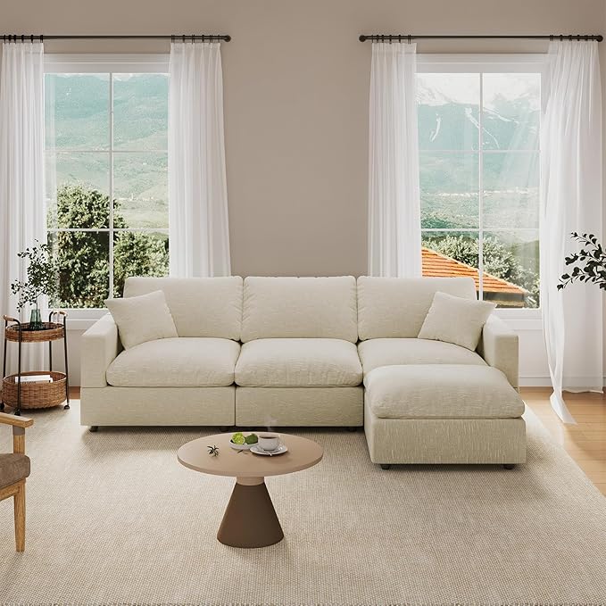 Cloud Couches for Living Room, 95.4" 4-Seater L Shaped Modular Sectional Sofa, Convertible Cloud Sofa with Ottoman, Down Filled Wide & Deep Seat, Removable Washable Cushion Covers