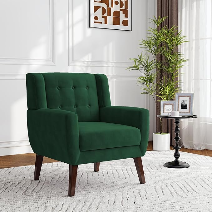 Lumibee Accent Chair, Modern Velevet Armchair for Living Room, Comfy Upholstered Arm Chair Tufted for Indoor Bedroom Office Room (Retro Green Velvet)