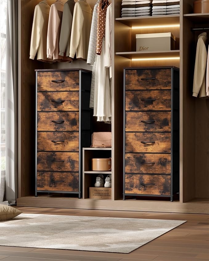 Crestlive Products Vertical Dresser Storage Tower - Sturdy Steel Frame, Wood Top, Easy Pull Fabric Bins- Organizer Unit for Bedroom, Hallway, Entryway, Closets - 6 Drawers (Rustic Brown)