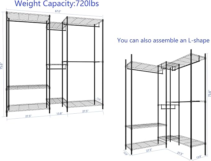6 Tiers Heavy Duty Clothes Shelf,Metal Garment Rack, Adjustable Garment Rack with Hanging Rod and Wire Fixing Baskets,Max Load 720LBS,Black