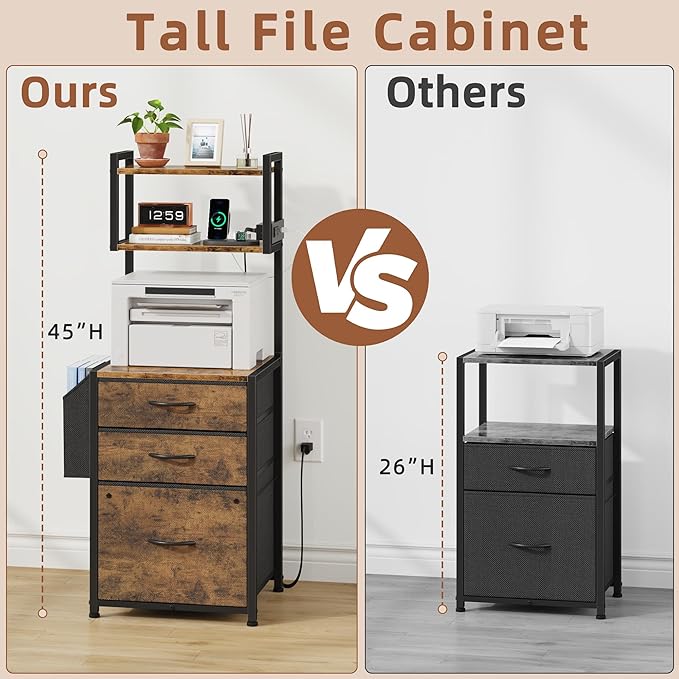 Larger File Cabinet with Charging Station and 3 Fabric Drawer, 3-Tier Tall Filing Cabinet for Home Office with Storage Shelf, Fabric Drawer, Fits A4/Letter Size, 15''W, Rustic Brown