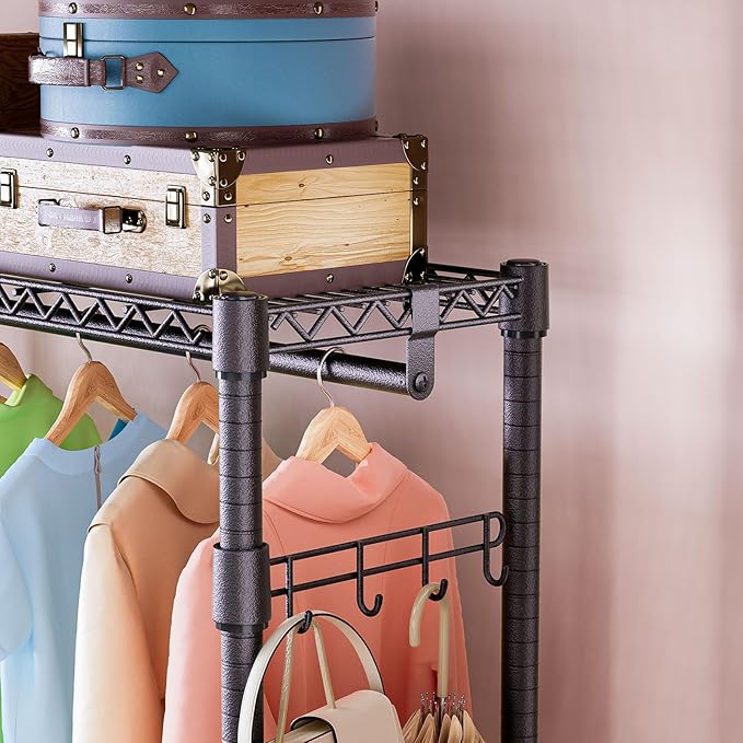 IZEUK 3 Tier Heavy Duty Garment Rack Wire Clothes Rack for Hanging Clothes, Metal Freestanding Closet Wardrobe Rack with 1 Rod and Side Hooks Dark Grey 15.7" D x 45.3" W x 72.4" H