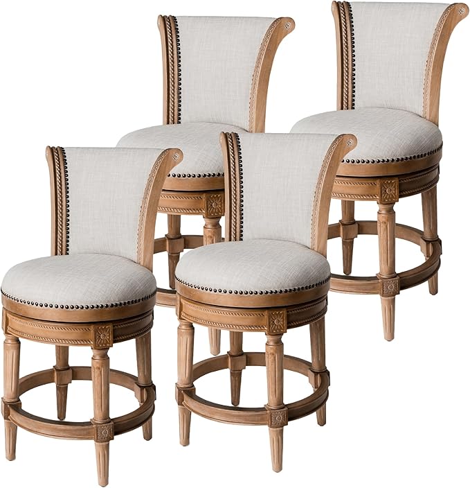 Maven Lane Pullman Counter Stool 26 Inches – Set of 4 – Swivel Stools with Footrest – Light Brown Solid Wood Frame & Natural Fabric Upholstery – Perfect for Kitchen Islands & Counters