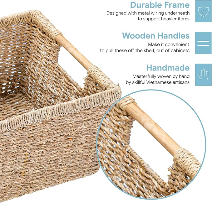Large Wicker Storage Basket with Wooden Handles, Seagrass Basket for Shelves, Natural Wicker Bin With Handle for Storage 14.5 x 10.3 x 7.5 inches