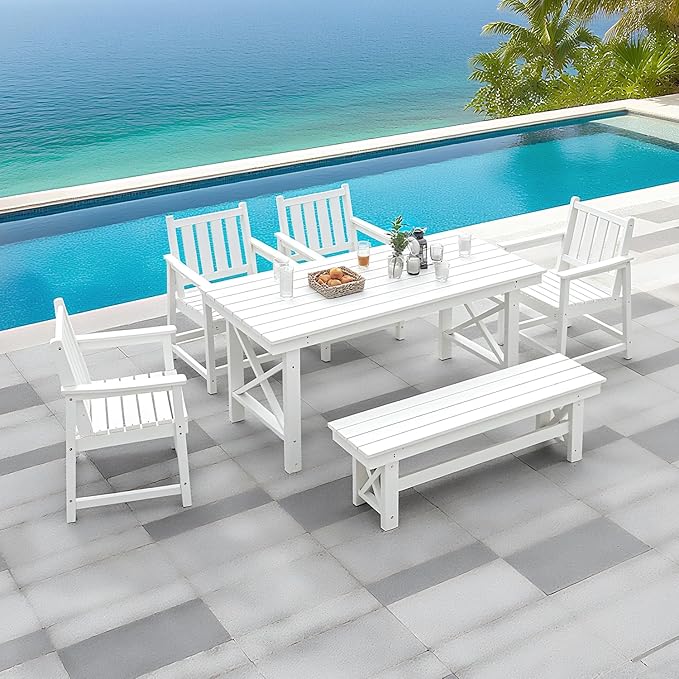 QUASCO Outdoor HDPE Dining Set for 6, Patio Dining Furniture Set with Umbrella Hole Table and 1 Bench and 4 Chairs, All Weather Outdoor Dining Bench Sets for Poolside, Garden, Deck, White
