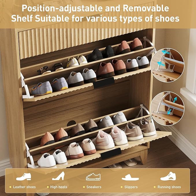 Maupvit Fluted Shoe Cabinet with 2 Flip Drawers & Large Drawer, Freestanding Shoe Storage with Adjustable Shelf, Shoes Organizer Shoe Rack for Entryway, Hallway, Front Door Entrance