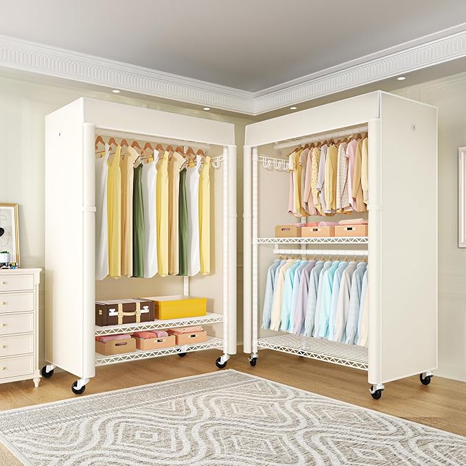 FUTASSI White Clothing Rack with Beige Cover, P1C Plus Rolling Closet with Wheels, Metal Garment Rack for Hanging Clothes, Clothing Storage Wardrobe, 46" W x 18.5" D x 80.7" H, Load 524 Pounds