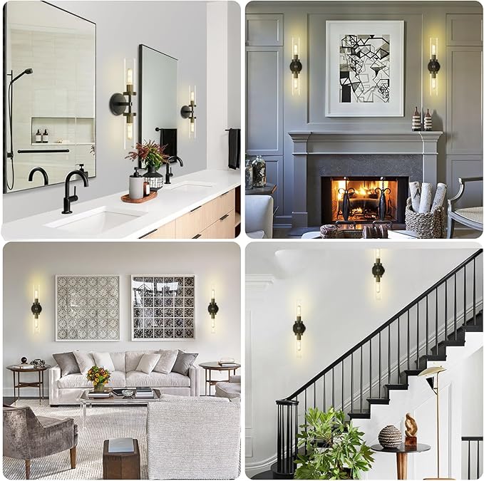 2-Light Black Knurled Wall Sconces, Glass Sconces Wall Lighting Indoor, Bathroom Vanity Light Sconces, Wall Lights for Living Room Bedroom Hallway Kitchen Bathroom Mirror, Including Bulb