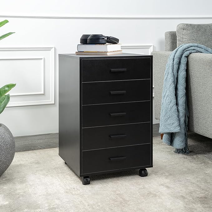 Naomi Home 5-Drawer Under Desk Rolling Storage Cart - Mobile Organizer with Lockable Casters, Black Engineered Wood for Office Dorm Apartment, Scratch-Resistant 15.7 x 15.7 x 26 Inches