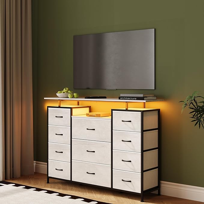LUMTOK 11 Drawers Dresser with Fabric Drawers,Charging Station, LED Lights and Shelves for Bedroom Storage Organization (Greige)