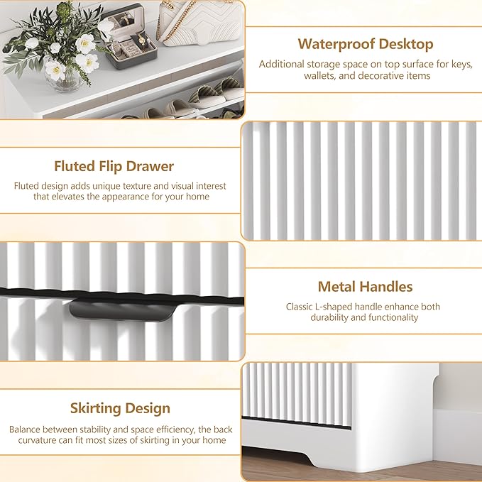 Shoe Cabinet Storage for Entryway with 4 Flip Drawers, White Fluted Shoe Cabinet with Adjustable Shelves, Wooden Hidden Shoes Rack Freestanding Narrow Slim Shoes Storage for Hallway, Entrance