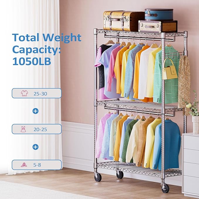 IZEUK 3-Tier Heavy Duty Rolling Garment Rack, Chrome Metal Freestanding Closet Wardrobe Rack with Double Rods and Side Hooks, 15.7" D x 45.3" W x 79.6" H
