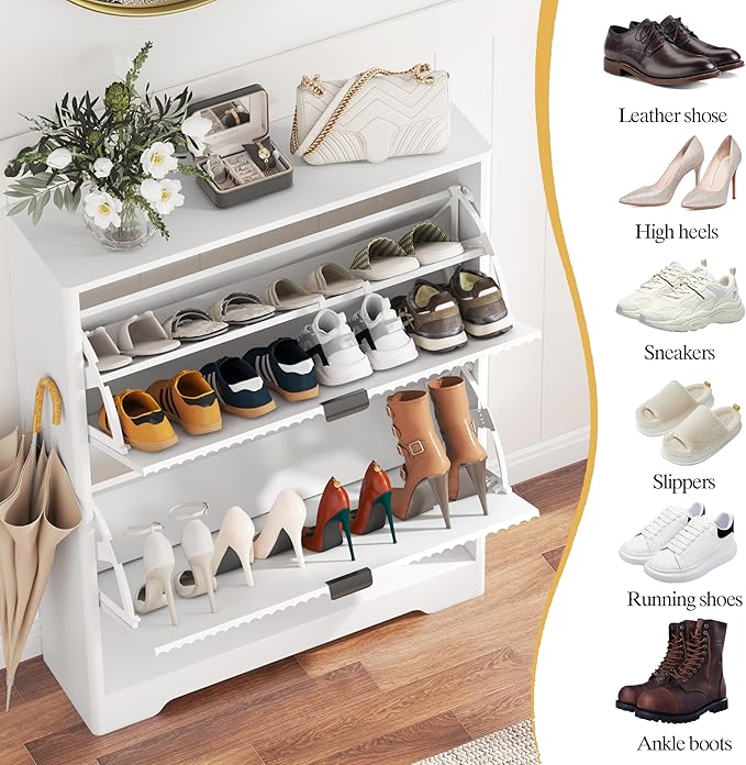 Shoe Cabinet Storage for Entryway with 2 Flip Drawers, White Fluted Shoe Cabinet with Open Storage, Wooden Hidden Shoe Rack Freestanding Narrow Slim Shoes Organizer for Hallway, Entrance