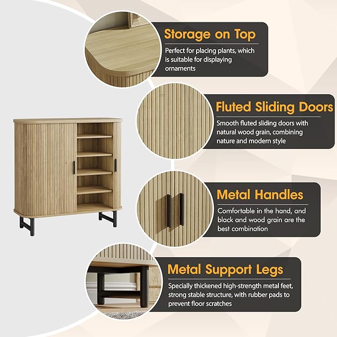 Maupvit Shoe Storage Cabinet with Smooth Fluted Sliding Doors, 5-Tier Shoe Cabinet Storage for Entryway, Narrow Hidden Shoe Rack for Front Door Entrance, Metal Handles and Legs, Natural