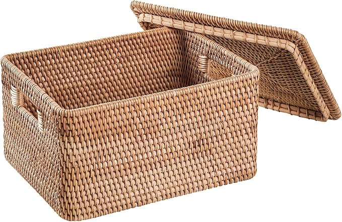 Rattan Basket With Lid, Large Lidded Basket For Storage(14.17" L×10.24"W×9.45"H)