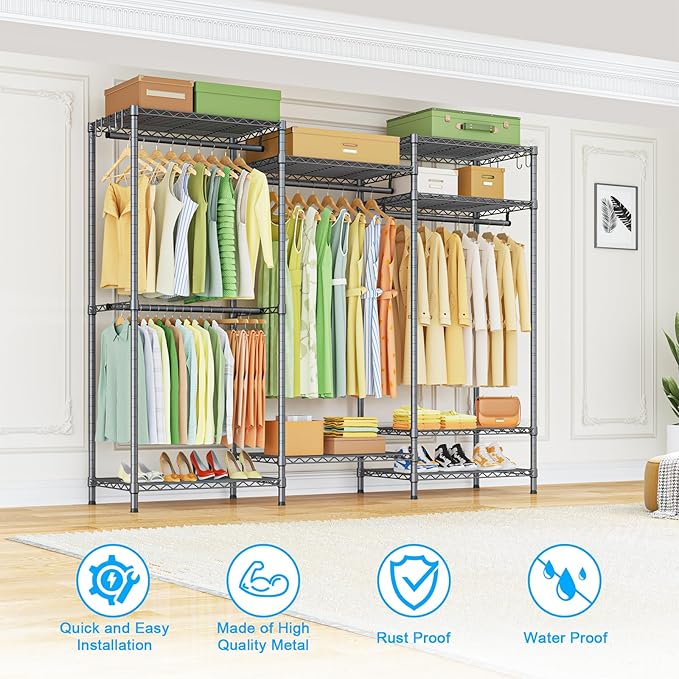 Ulif E13 Heavy Duty Clothes Rack（With 4 Hanger Rods & 8 Shelves） Freestanding Clothing Racks for Hanging Clothes，Adjustable Closet Organizer，Metal Garment Rack 63" W x16 D x77 H，Max Load 900LBS，Grey