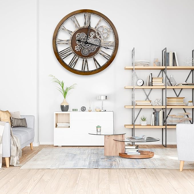 The B-Style Large Real Moving Gears Wall Clock 30 inch Rustic Retro Industrial Farmhouse Wood Clock Oversized Decorative Vintage Wall Clocks for Living Room (Drak Brown and Bronze)
