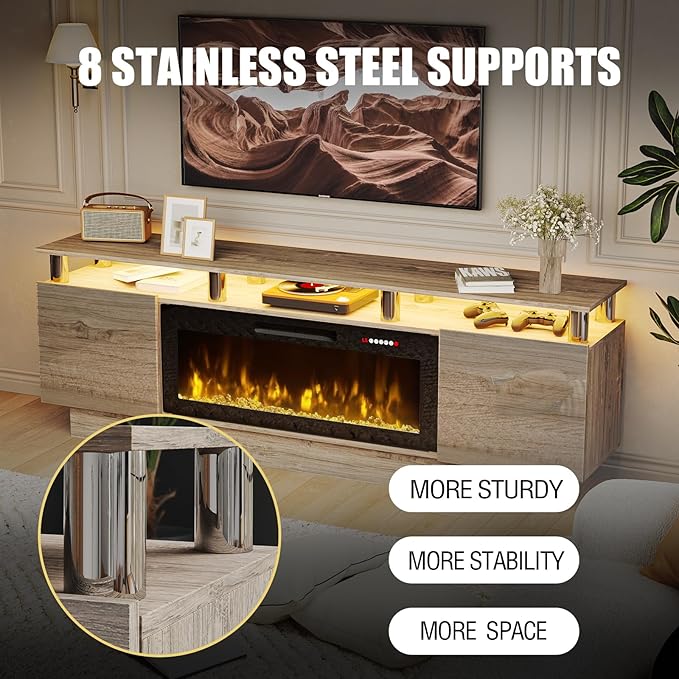 70" Modern Fireplace TV Stand with 36" Electric Fireplace for TVs Up to 80 inch, Luxury LED Light Entertainment Center with High Gloss Cabinet, TV Consoles for Living Room, Grey