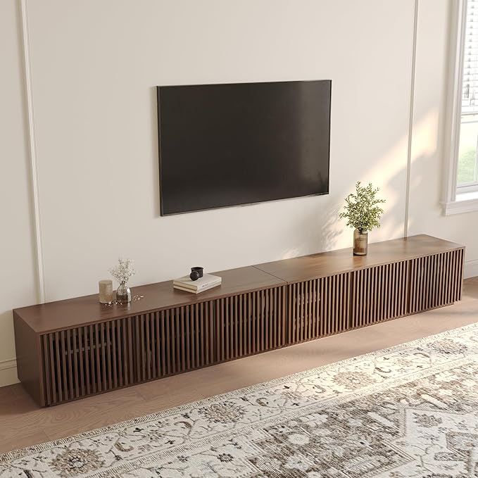 POVISON Full Assembled Mid Century Modern TV Stand, 118” Extra-Large Entertainment Center for 100 inch TV, Wood Slatted TV Media Console with Storage for Living Room Bedroom