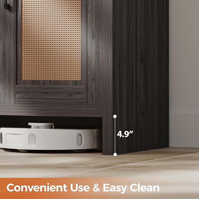 Shoe Cabinet Storage for Entryway, Natural Rattan Shoes Cupboard, Wooden Shoe Rack with Doors and Shelves, Farmhouse Boho Wood Shoe Organizer Cabinet for Hallway Black