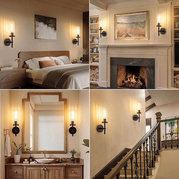 15" Knurled Brass Wall Sconces Set of 2, Black Gold Bathroom Vanity Light Fixtures with Vertical Striped Glass Tube, Modern Lamp Lighting for Bedroom, Living Room, Hallway, Staircase, Mirror, Kitchen