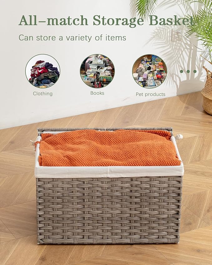 Storage Basket with Lid Rattan, Woven Storage Baskets with 2 Separate Lids, 17.2 Gallon (65 L), 22.2 x 13 x 13.8 Inches, Foldable, 2 Removable Liner Bags Handles for Bedroom, Laundry Room Gray