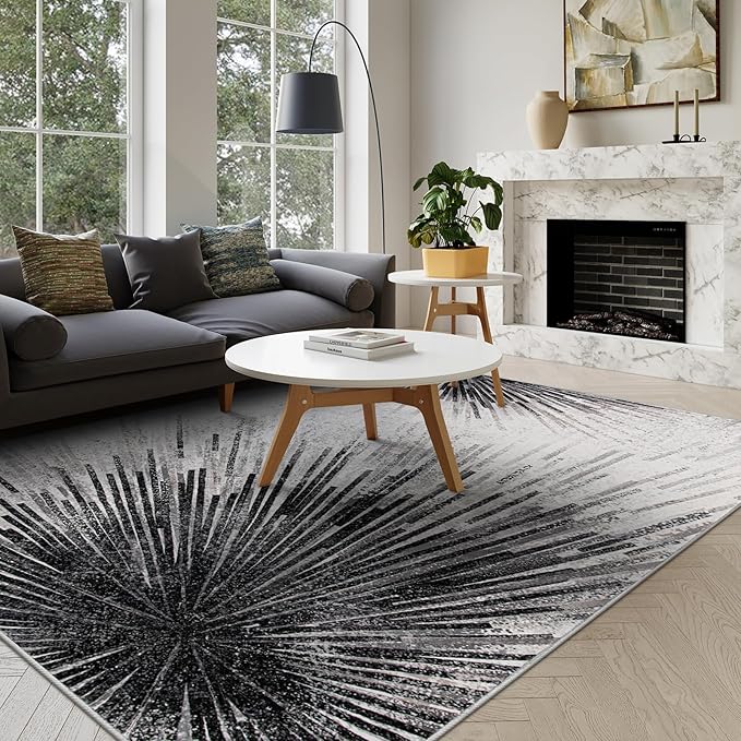 Lahome Modern Black 10x14 Rug for Living Room, Large Washable Area Rug Non-Slip Ultra-Thin Stain Resistant Carpet for Dining Room Table, Abstract Print Indoor Carpet for Bedroom Office