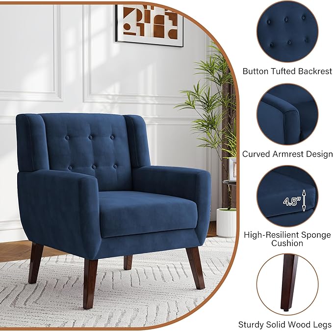 Lumibee Accent Chair, Modern Velevet Armchair for Living Room, Comfy Upholstered Arm Chair Tufted for Indoor Bedroom Office Room (Royal Blue Velvet)