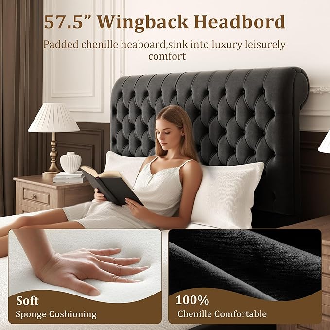 57.5" Tall King Size Upholstered Bed Frame with Rolled Headboard and Footboard, Plaform Bed Frame with Deep Button Tufting, Soft Chenille Fabric, Noise Free, No Spring Box Needed, Black