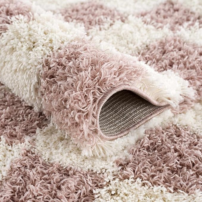 Hauteloom Atira Contemporary Checkered Fluffy Shag Runner Rug - Modern Geometric Carpet Tiles for Hallway, Kids Room - Plush Pile Carpet Squares - Cream, Pink- 2'7" x 10'