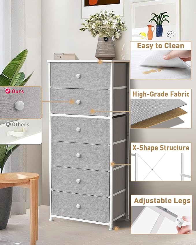 Tall Fabric Dresser for Bedroom, Vertical Storage Organizer Tower with 6 Drawers, Chest of Drawers with Bins, Steel Frame, Wood Top for Bedroom, Closet, Entryway Light Grey