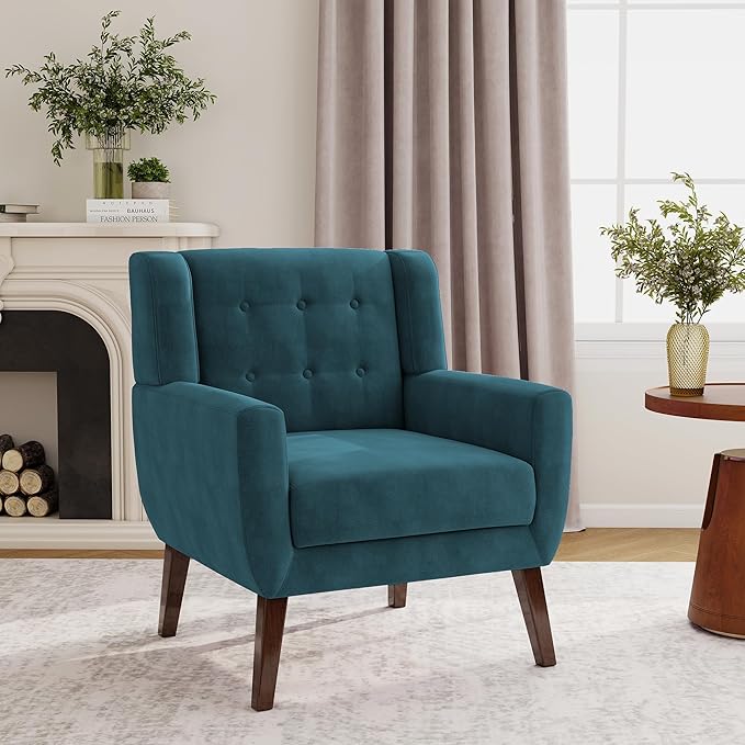 Lumibee Accent Chair, Modern Velevet Armchair for Living Room, Comfy Upholstered Arm Chair Tufted for Indoor Bedroom Office Room (Blue Velvet)