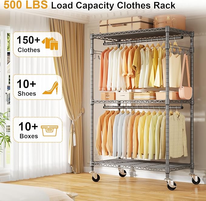 P1 Rolling Clothing Rack with Lockable Wheels, Heavy-Duty Garment Rack for Hanging Clothes, Portable Closet Wardrobe with Shelves, 35.5" W x 15.7" D x 80.5" H, Hold 500lbs, Grey