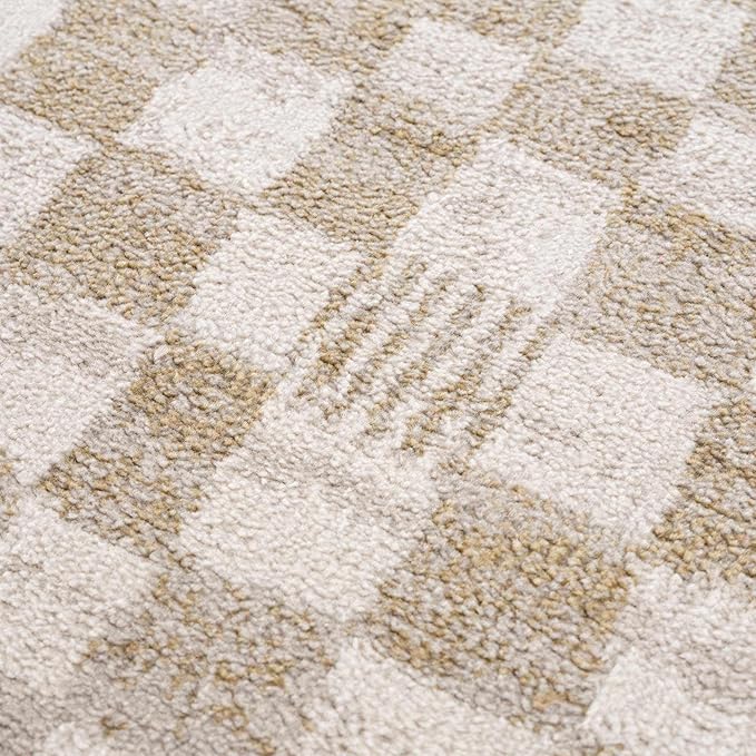 Hauteloom Pertek Modern Checkered Runner Rug - Modern Geometric Carpet for Hallway, Kids Room, Nursery - Bohemian Boho Carpet - Cream, Gold - 2'7" x 10'